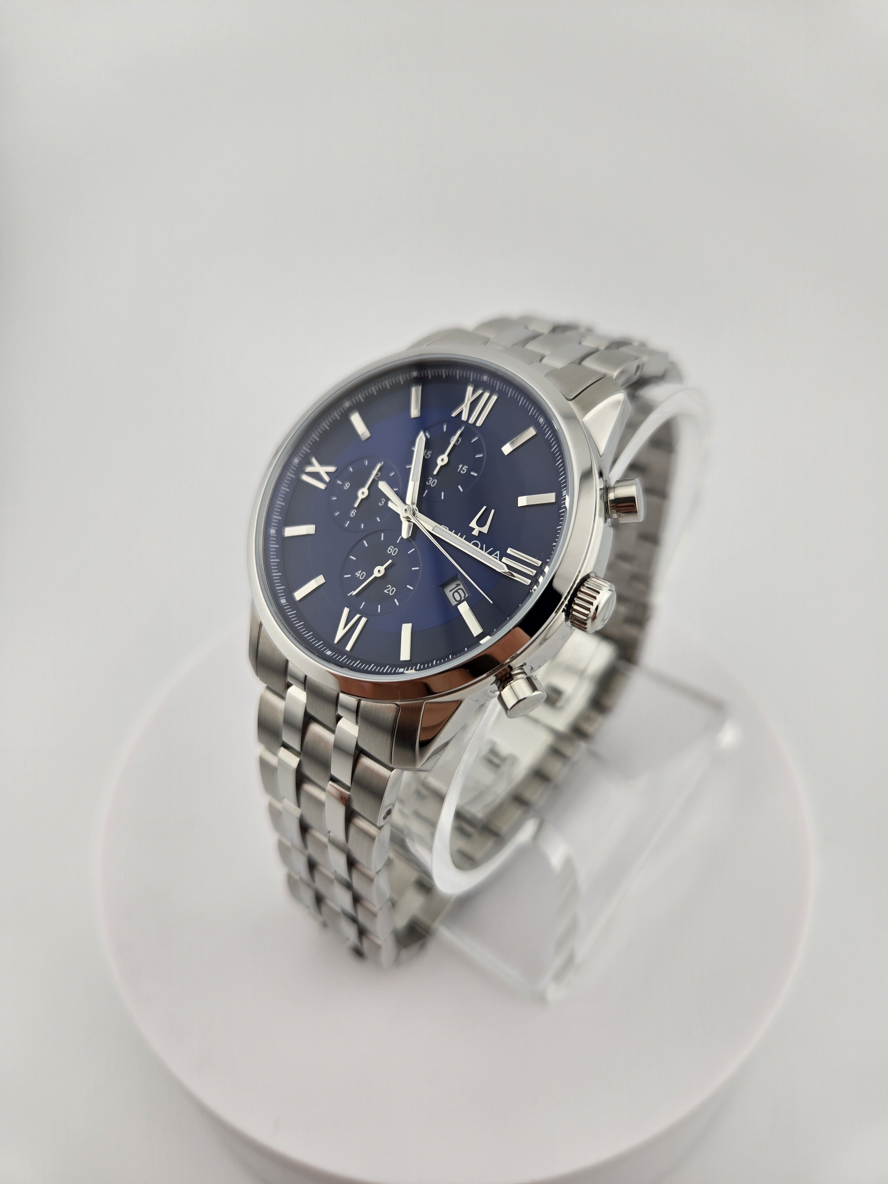 Bulova Silver Stainless Steel Watch With Blue Dial